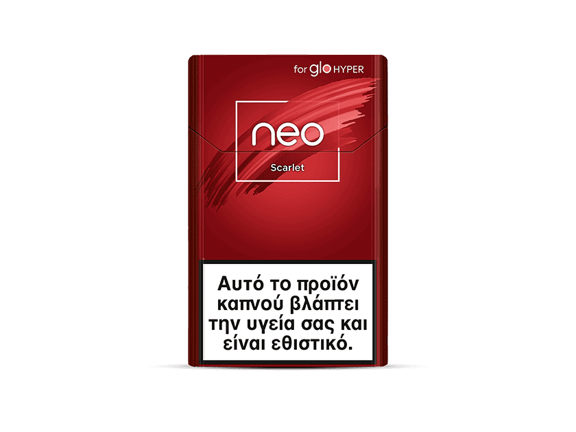 A red neo™ Scarlet cigarette pack with "glo HYPER" at the top and a white Greek warning box stating it is harmful and addictive.