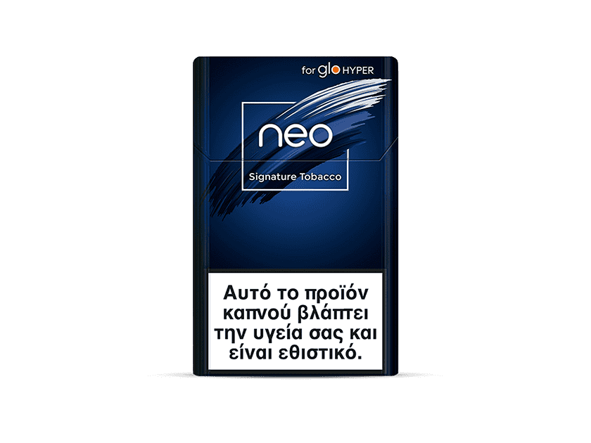 Blue and black pack of neo™ Signature Tobacco for glo HYPER, with a Greek warning at the bottom: Αυτό το προϊόν καπνού βλάπτει την υγεία σας και είναι εθιστικό.