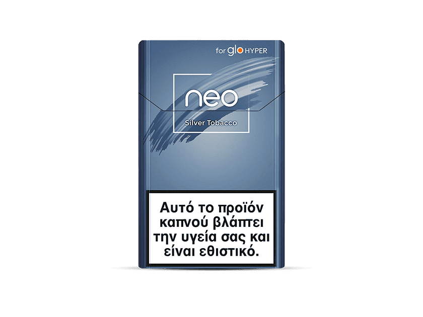 A blue pack of neo™ Silver Tobacco for glo HYPER with a Greek health warning at the bottom stating smoking harms your health and is addictive.