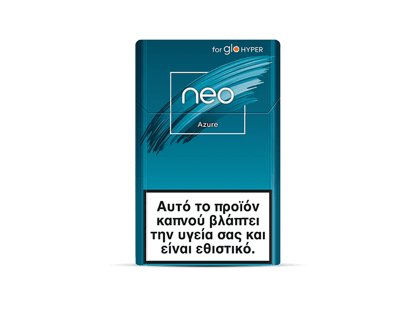 A blue pack of neo™ Azure tobacco sticks for glo HYPER, featuring a Greek warning at the bottom that states the product harms health and is addictive.