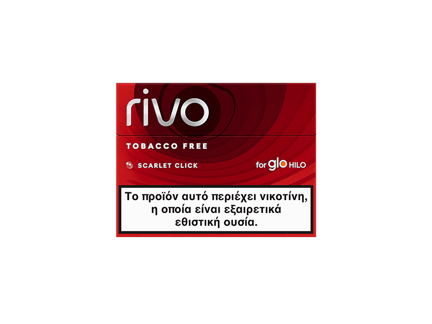 A red box labeled rivo™ Scarlet Click for glo with a Greek warning stating the product contains nicotine, an addictive substance.