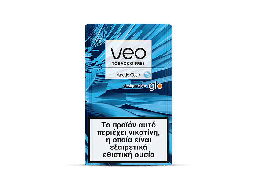 A blue and white box of veo™ Arctic Click for glo, featuring a large Greek warning on the front stating the product contains nicotine, which is highly addictive.