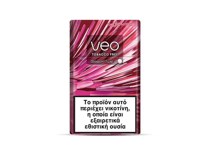 A rectangular pack of veo™ Blossom Twist features a pink abstract design and a Greek warning label indicating the product contains nicotine, a highly addictive substance.