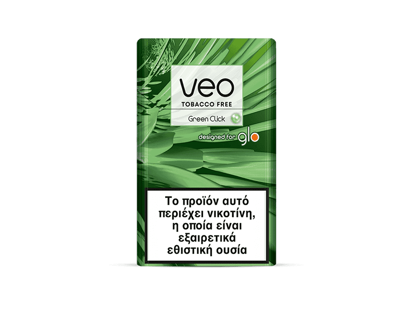 A pack of veo™ Green Click, designed for glo devices, features a Greek warning label stating it contains nicotine, a highly addictive substance.