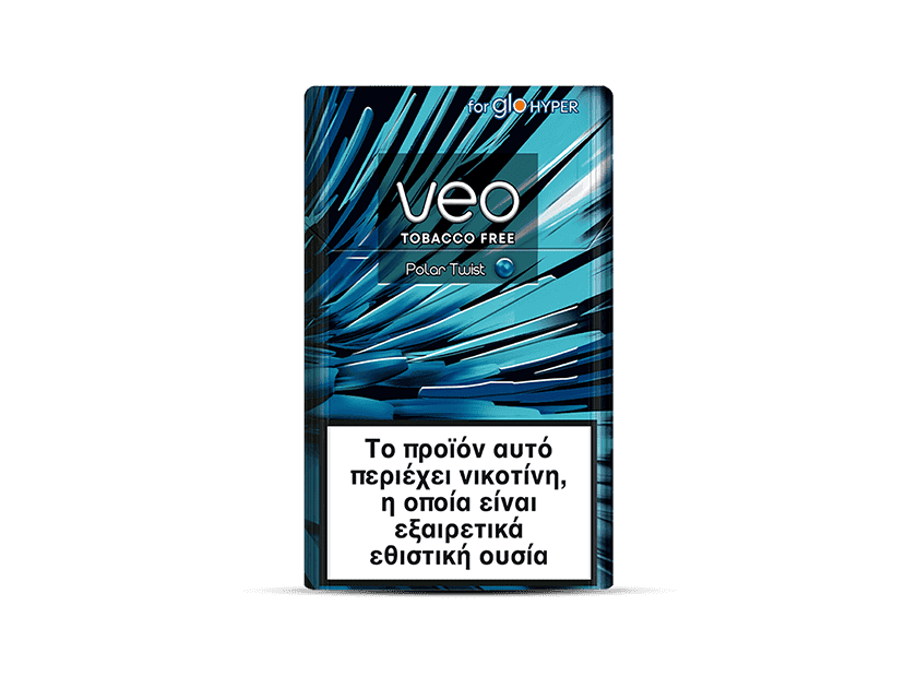 A rectangular veo™ Polar Twist package featuring a blue abstract design and a Greek warning label indicating it contains nicotine, a highly addictive substance.
