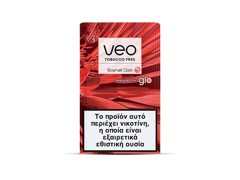 A red and white veo™ Scarlet Click pack designed for glo, featuring a Greek warning that it contains highly addictive nicotine.