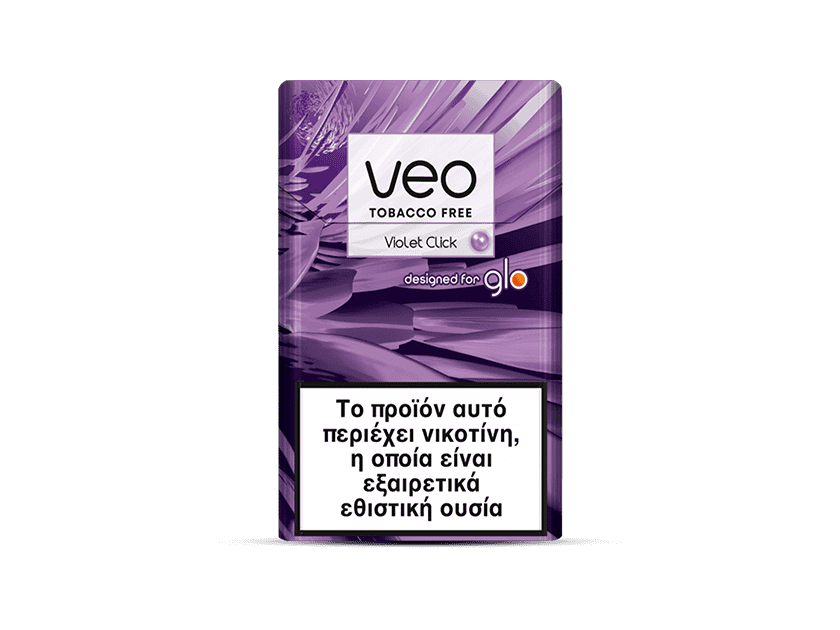 A veo™ Violet Click pack in purple and white displays a Greek warning: Το προϊόν αυτό περιέχει νικοτίνη, η οποία είναι εξαιρετικά εθιστική ουσία, meaning it contains highly addictive nicotine.