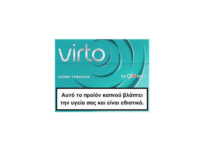 A virto™ Azure Tobacco pack in teal features a Greek health warning: «Αυτό το προϊόν καπνού βλάπτει την υγεία σας και είναι εθιστικό» (“This tobacco product harms your health and is addictive”).
