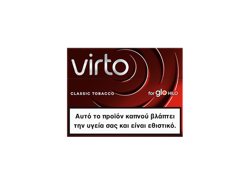 A red and brown packet labeled virto™ Classic Tobacco for glo HILO features a Greek health warning in a white box, stating the product is harmful to health and addictive.