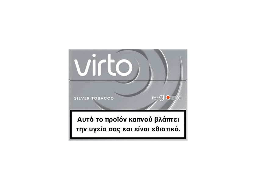 A silver-grey pack labeled virto™ Silver Tobacco for glo HILO, displaying a Greek health warning: Αυτό το προϊόν καπνού βλάπτει την υγεία σας και είναι εθιστικό.